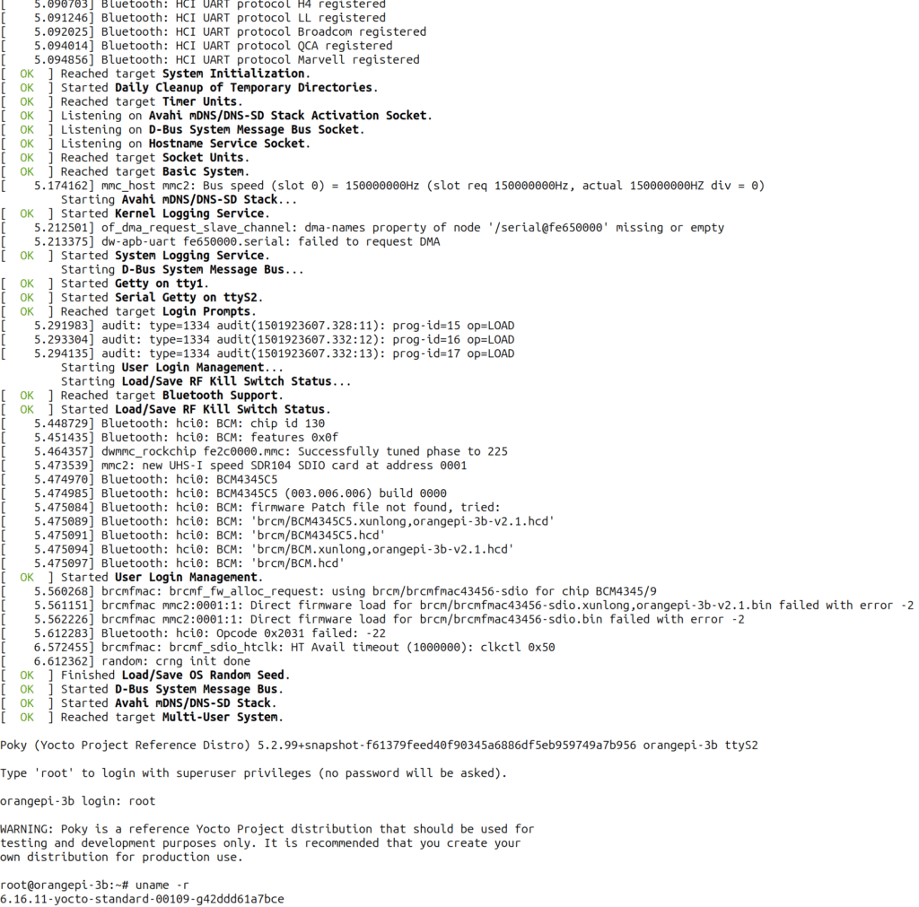 Orange Pi 3 Yocto boot screenshot