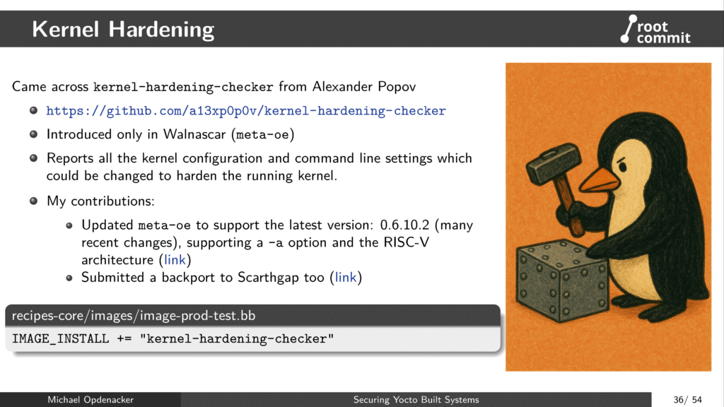 Kernel Hardening slide from ELCE 2025 presentation