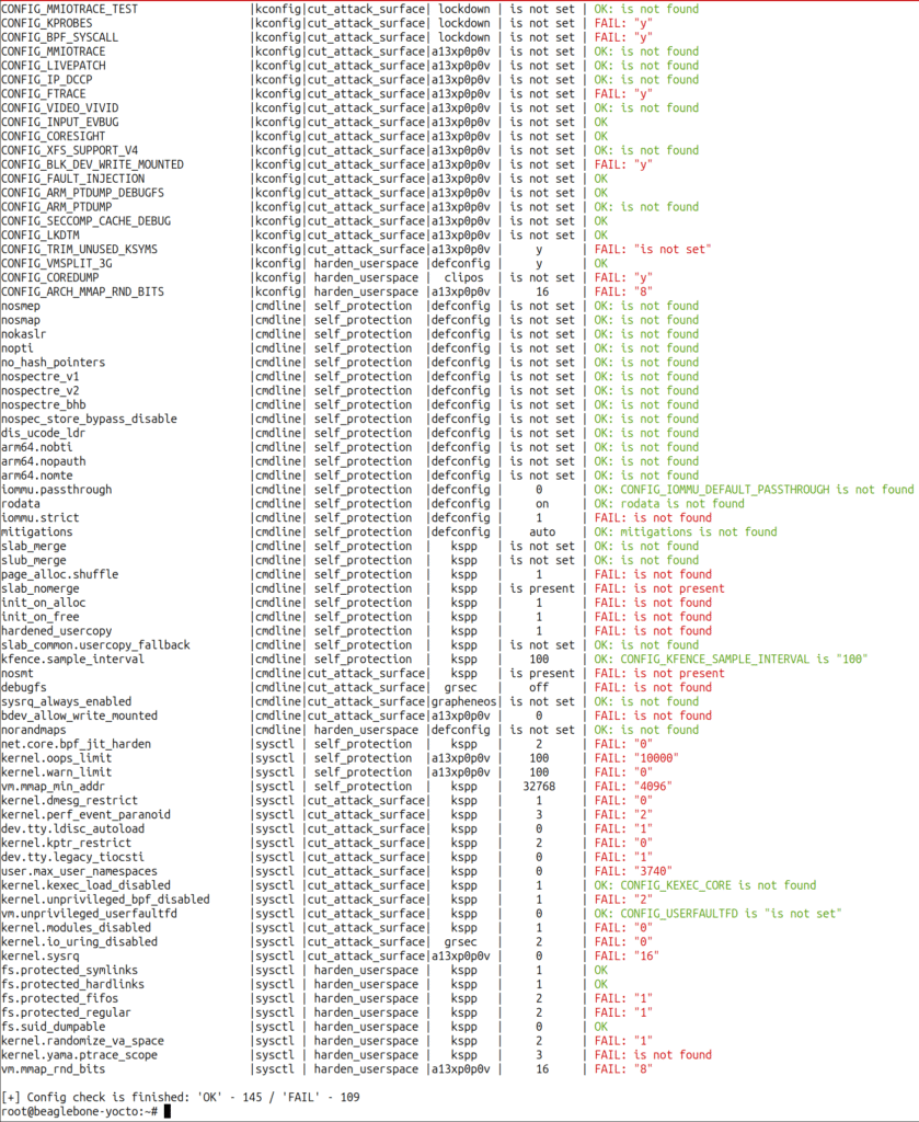 kernel-hardening-checker output on BeagleBone Black (end)