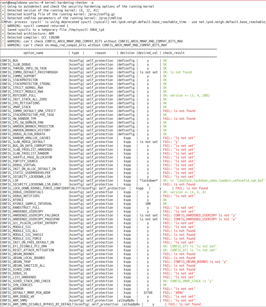 kernel-hardening-checker output on BeagleBone Black (start)