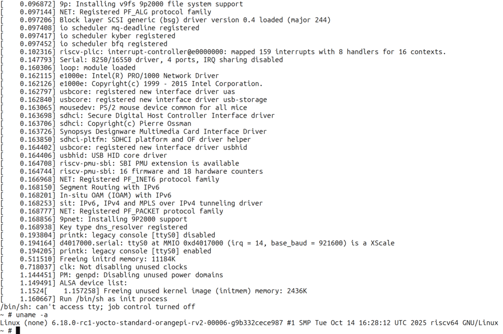Screenshot of Orange Pi RV2 board booting Linux 6.18-rc1 to a shell