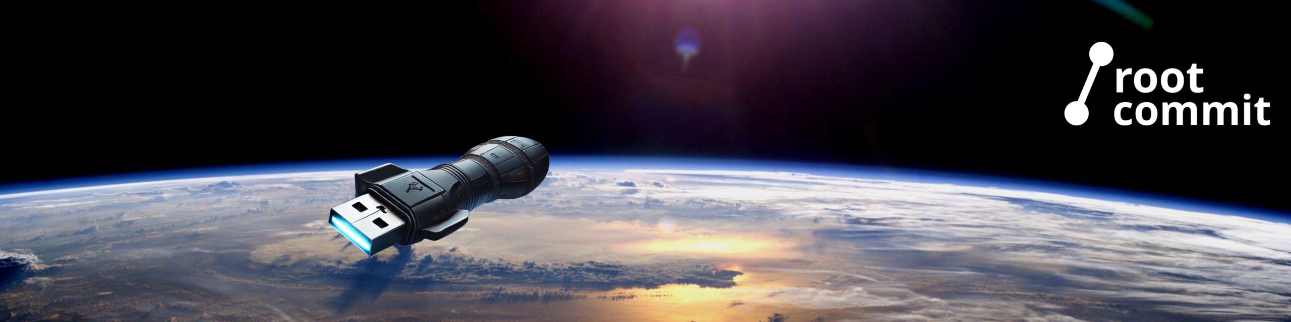 One of Root Commit&rsquo;s banners: a USB powered rocket hovering over the earth in the rising or setting sun.